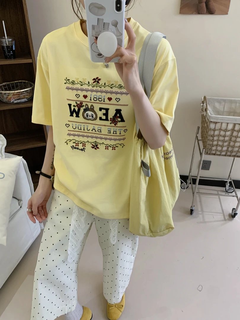 程程甄选-「品质穿搭」韩系字母刺绣拉布布简约百搭重工T恤882