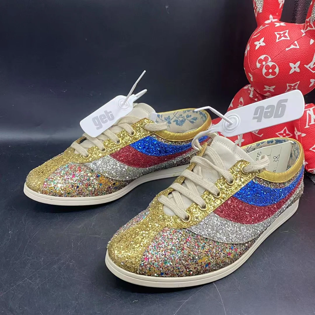 95新 GUCCI/古驰 金色唐三彩闪粉阿甘鞋38欧码ddm1955