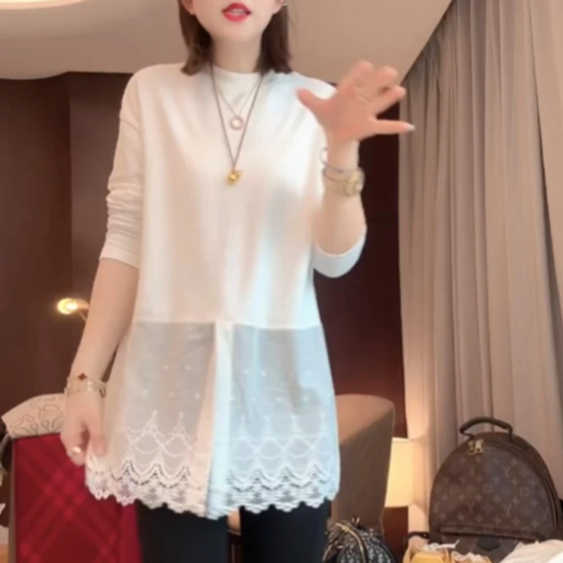 中长款白色打底衫卫衣女2025年春季新款蕾丝拼接长袖t恤百搭上衣