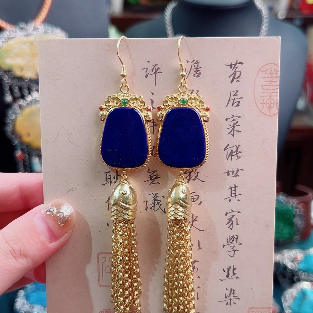 青金石银S925镶嵌挂件耳环