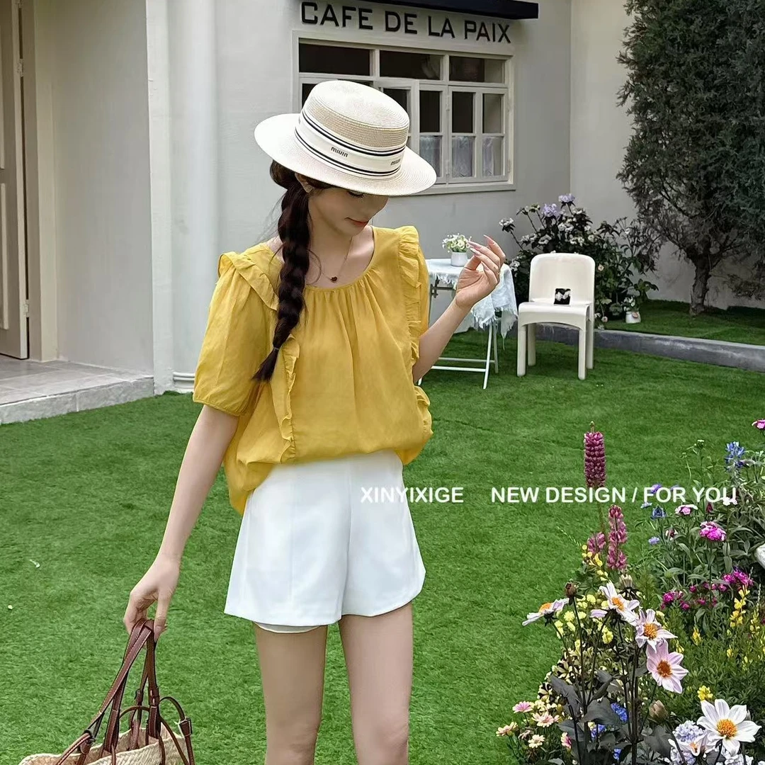 夏季新款韩版宽松木耳边短袖衬衫女时尚设计感系带上衣