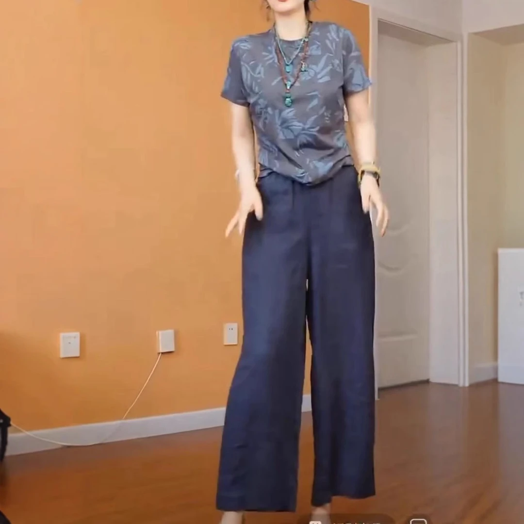 中年女装2025夏季新款韩版印花短袖T恤休闲裤纯色直筒裤潮两件套