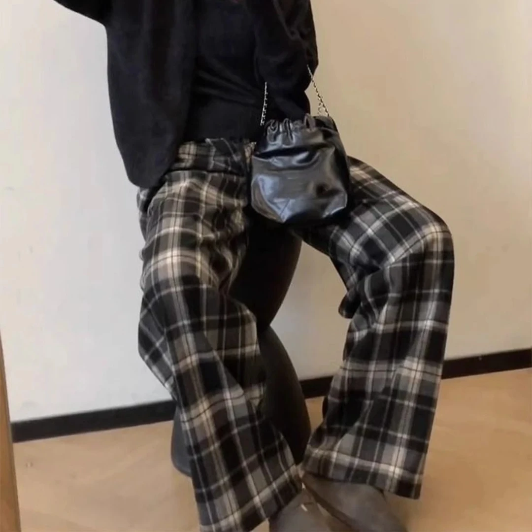 2025新款推荐复古抽绳格子直筒阔腿裤女高腰垂感百搭显瘦休闲裤