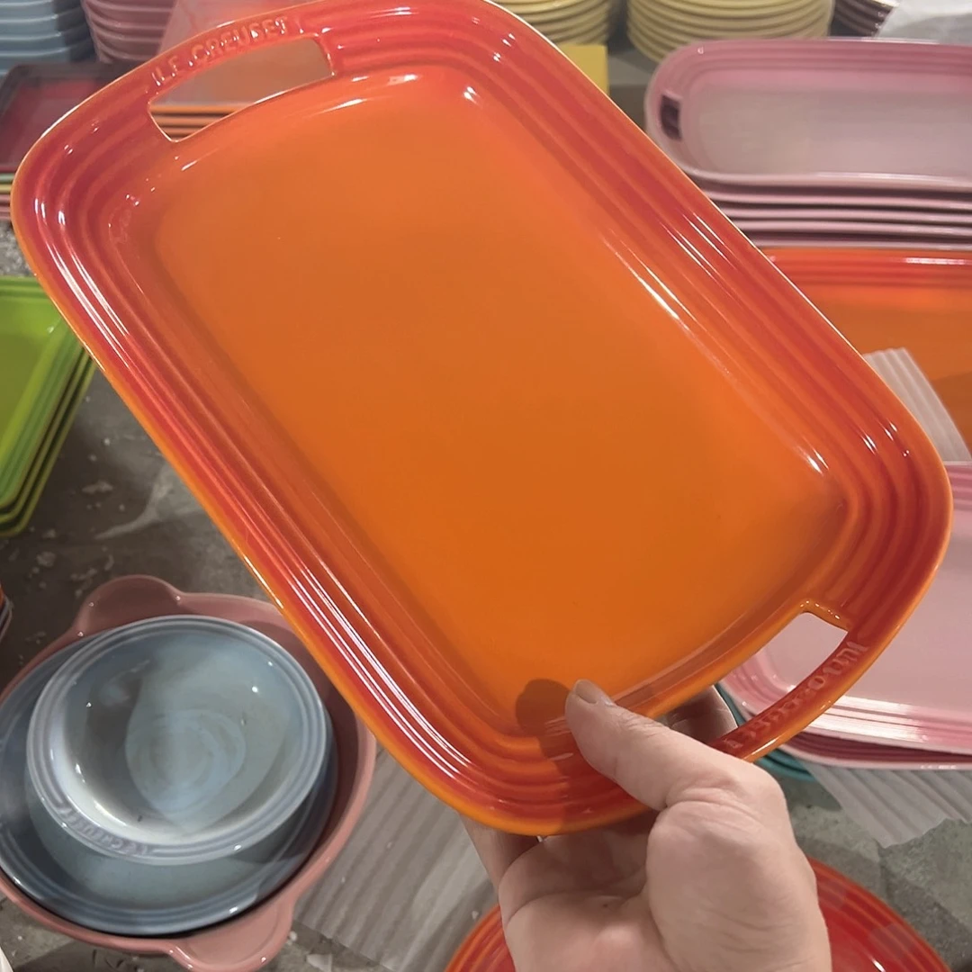 陶瓷 瑕疵 双耳托盘 橙色色色