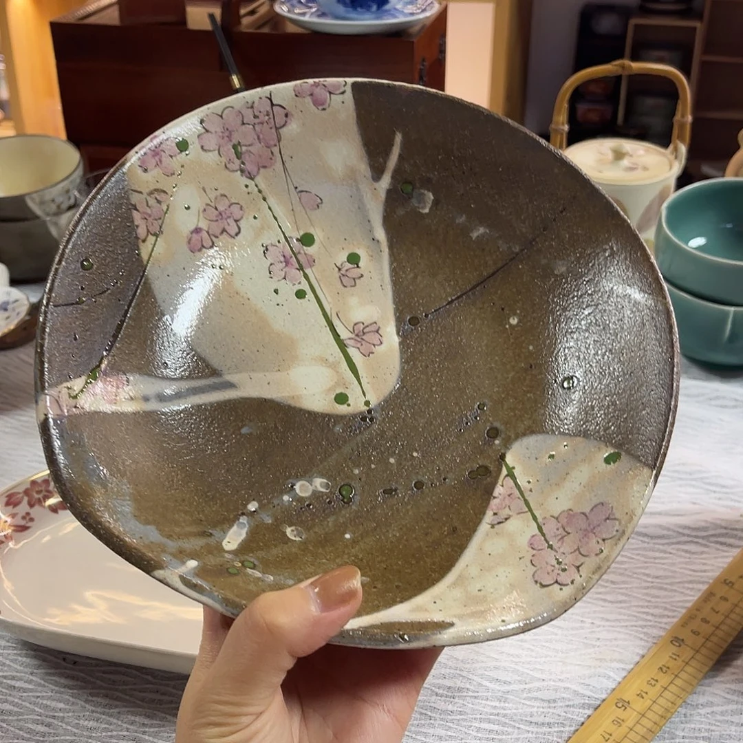 瓷片粉引樱花方圆形钵子盘35