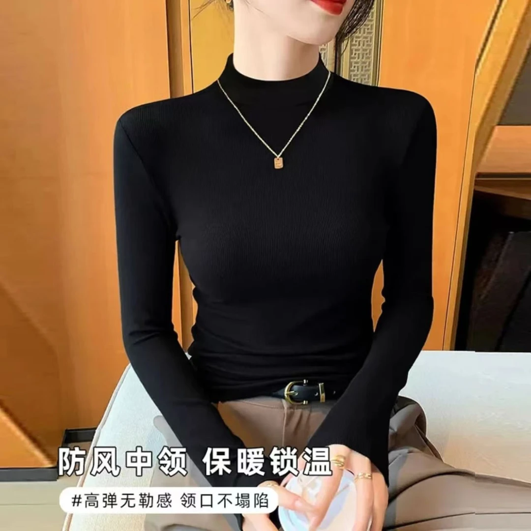 秋冬半高领微米绒打底衫女内搭高级感加绒加厚黑白色中领保暖新款