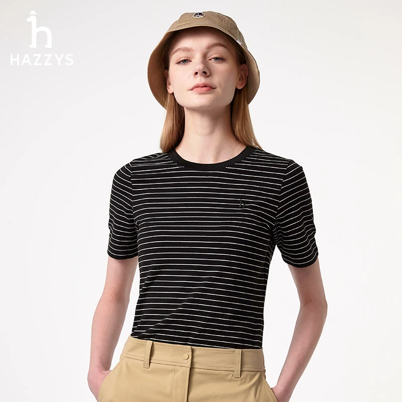 Hazzys哈吉斯细条纹T恤衫经典夏季刺绣短袖圆领休闲女士时尚上衣