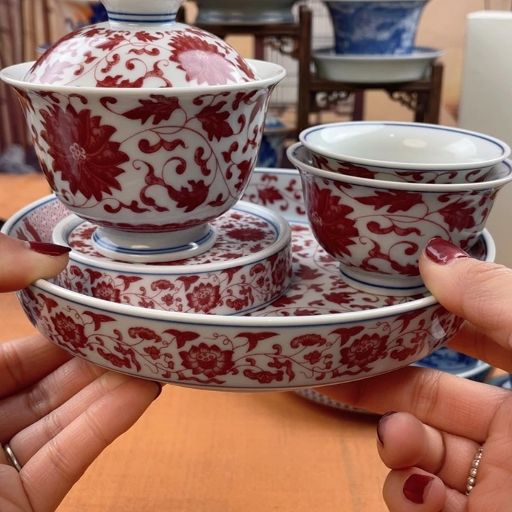 陶摆件釉里红缠枝莲五件套