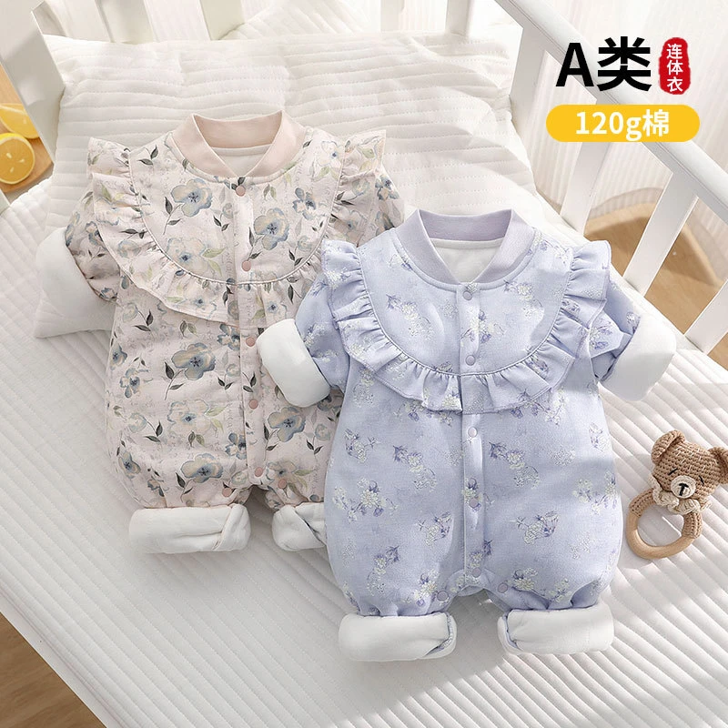 水墨画婴儿连体衣加厚冬季宝宝衣服婴儿爬服保暖夹棉冬款宝宝哈衣