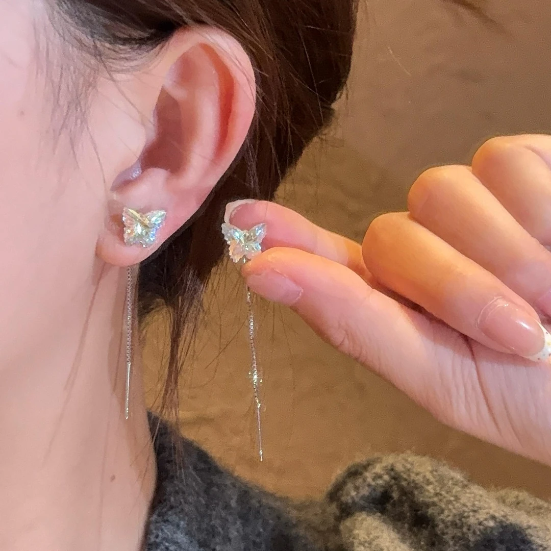 铜合金耳饰 「耳畔蝶影」银色长款流苏蝴蝶耳环女高级百搭耳线耳饰