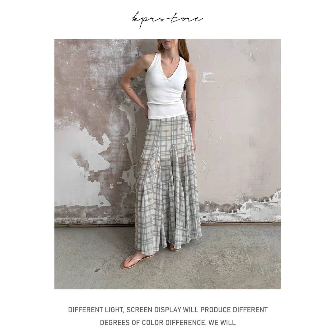 不规则格子鱼尾修饰身形显瘦微透网纱飘逸温柔半身裙