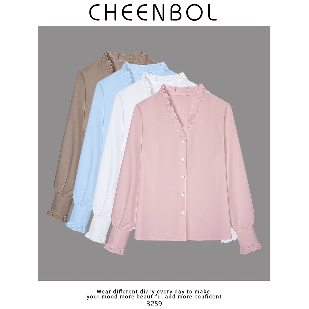 3259细旦抗皱衬衫女春夏韩版娃娃领花瓣长袖衬衣设计感小众上衣