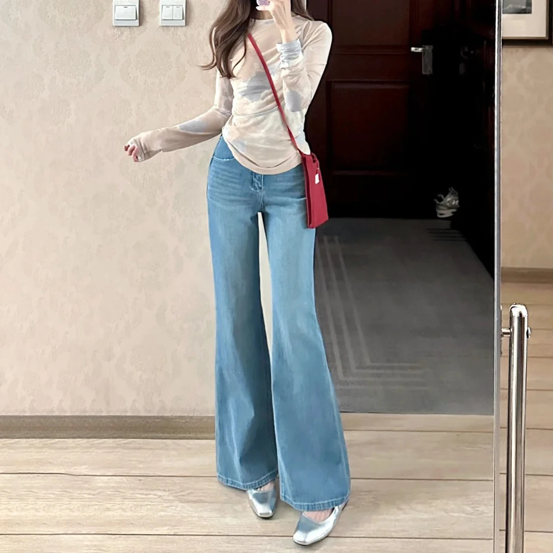 艾格港风复古深蓝高腰微喇牛仔裤女夏季2025新款修身显瘦马蹄长裤