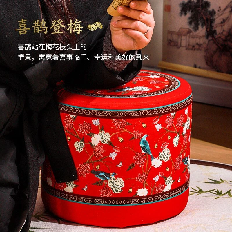 新中式国风花鸟刺绣家用懒人换鞋凳客厅卧室装饰小圆凳