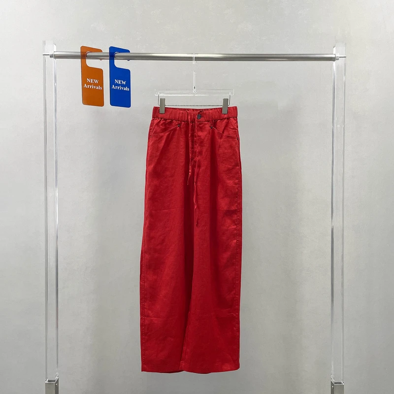 欧洲站亚麻休闲裤女2025夏季新款薄款松紧腰抽绳直筒拖地长裤9111