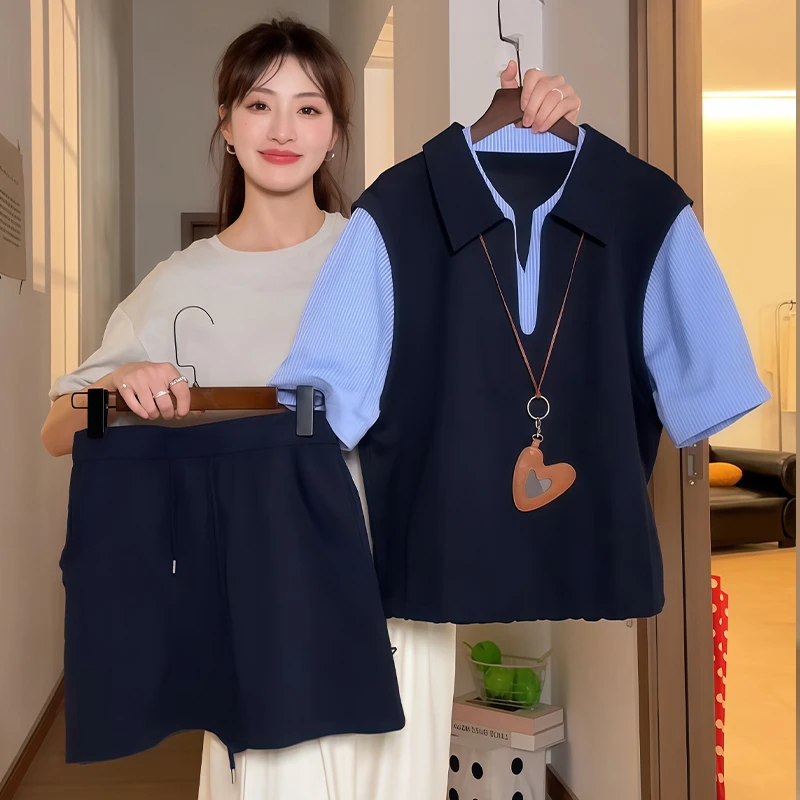 时尚减龄套装女2026年夏季新款设计感条纹拼接短袖上衣短裙两件套