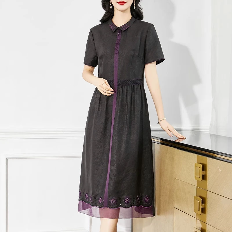 高端品牌2025新款夏季香云纱连衣裙女桑蚕丝中长款妈妈日常真丝裙