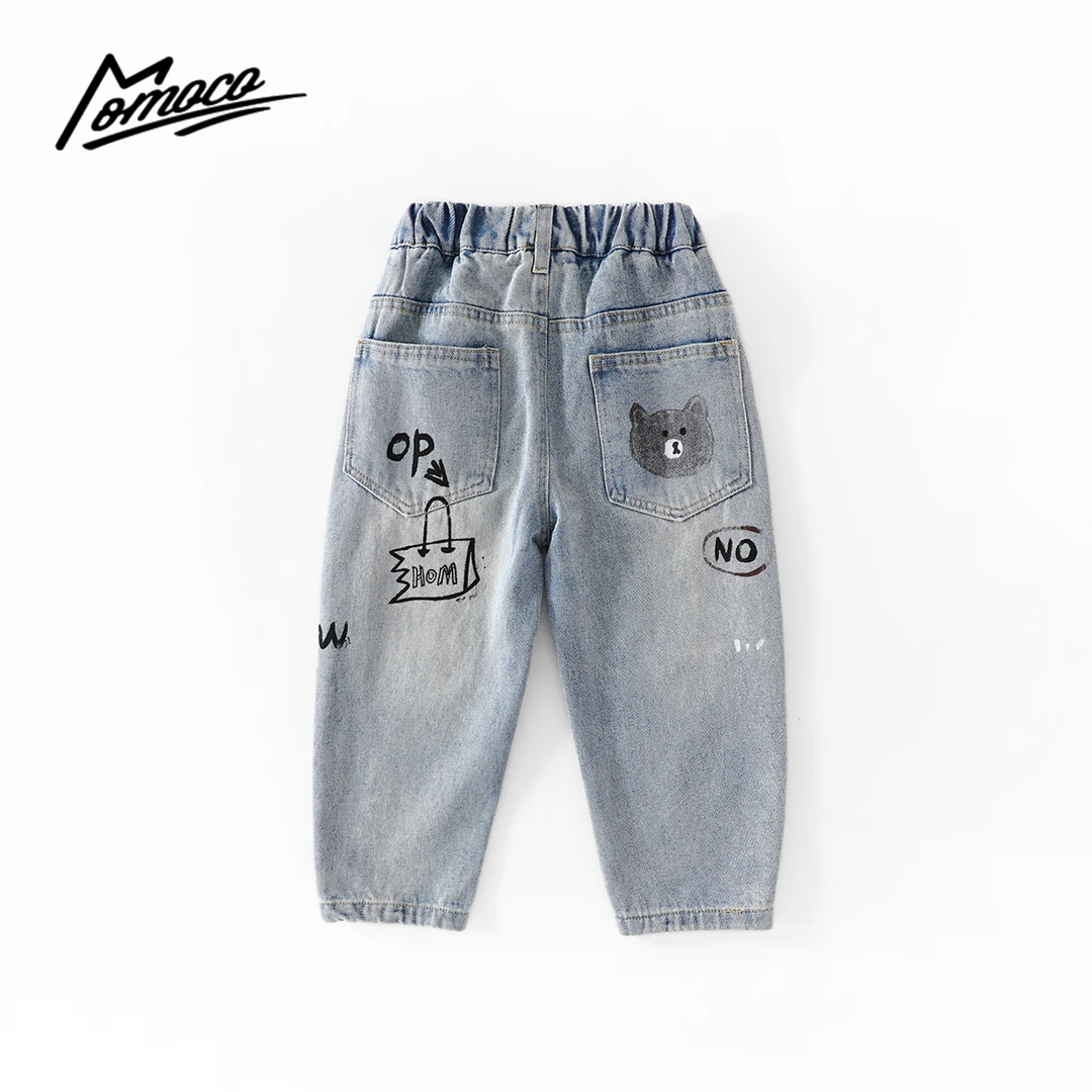 MOMOCO2025款春季男童潮流印花休闲儿童百搭牛仔裤77130350006