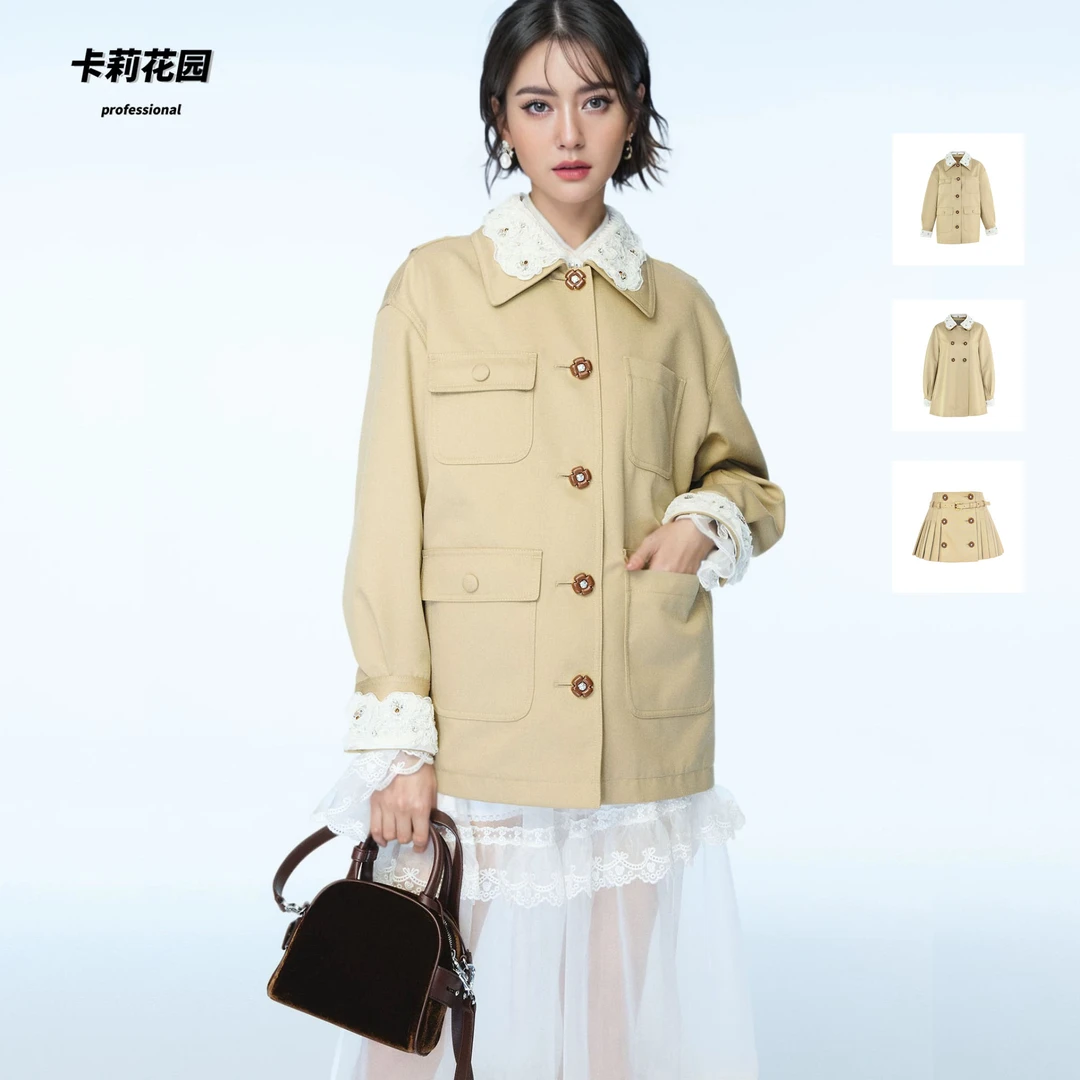【CG-Y】秋季新款松驰感蕾丝领风衣韩系卡其外套女