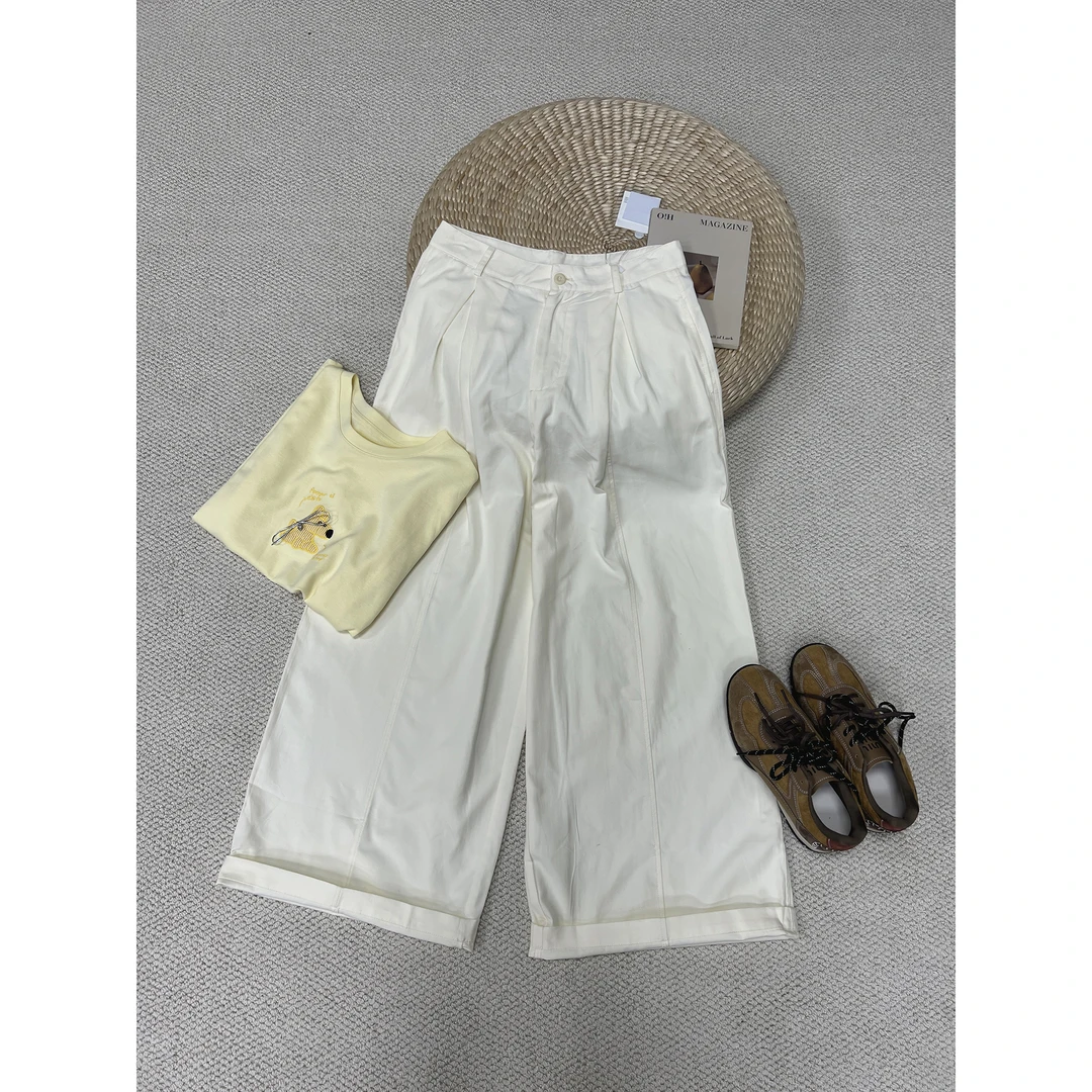 杏色阔腿休闲西裤K851（清）