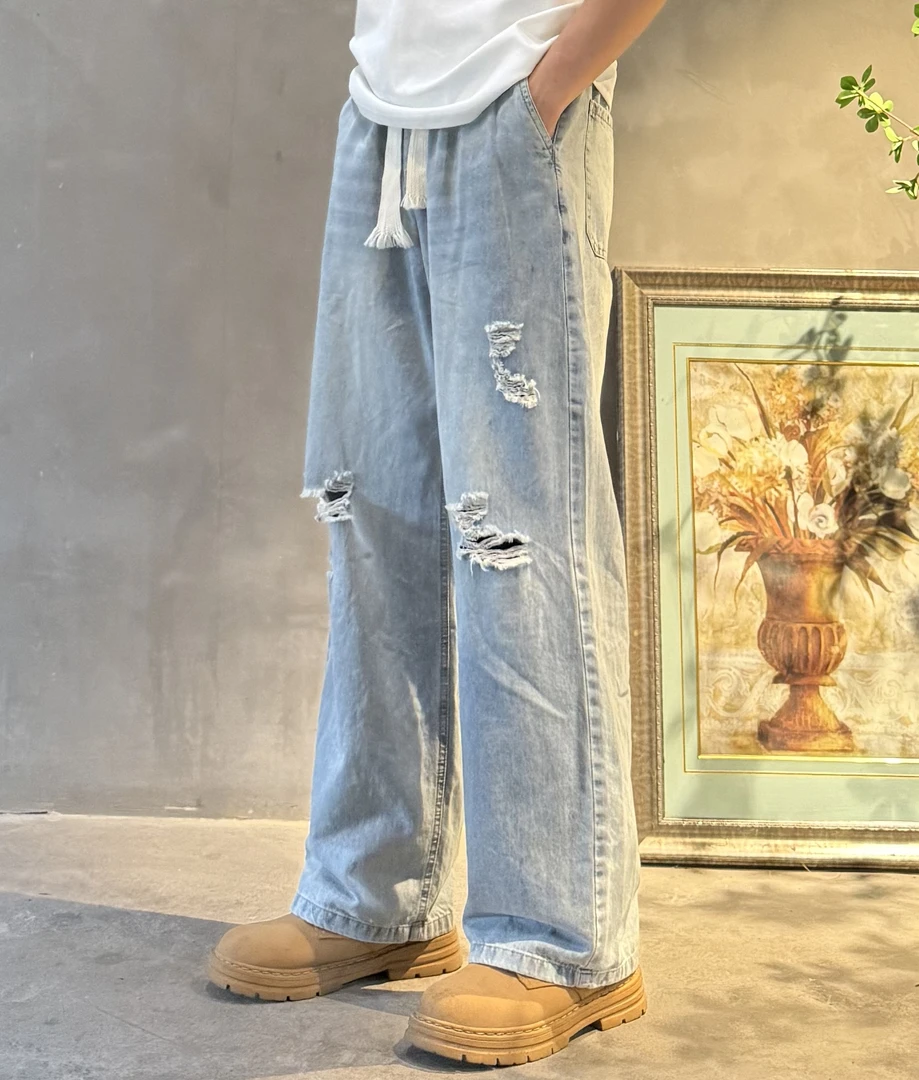 破洞牛仔裤男潮破宽松直筒夏季薄款夏天美式复古休闲阔腿裤子男款