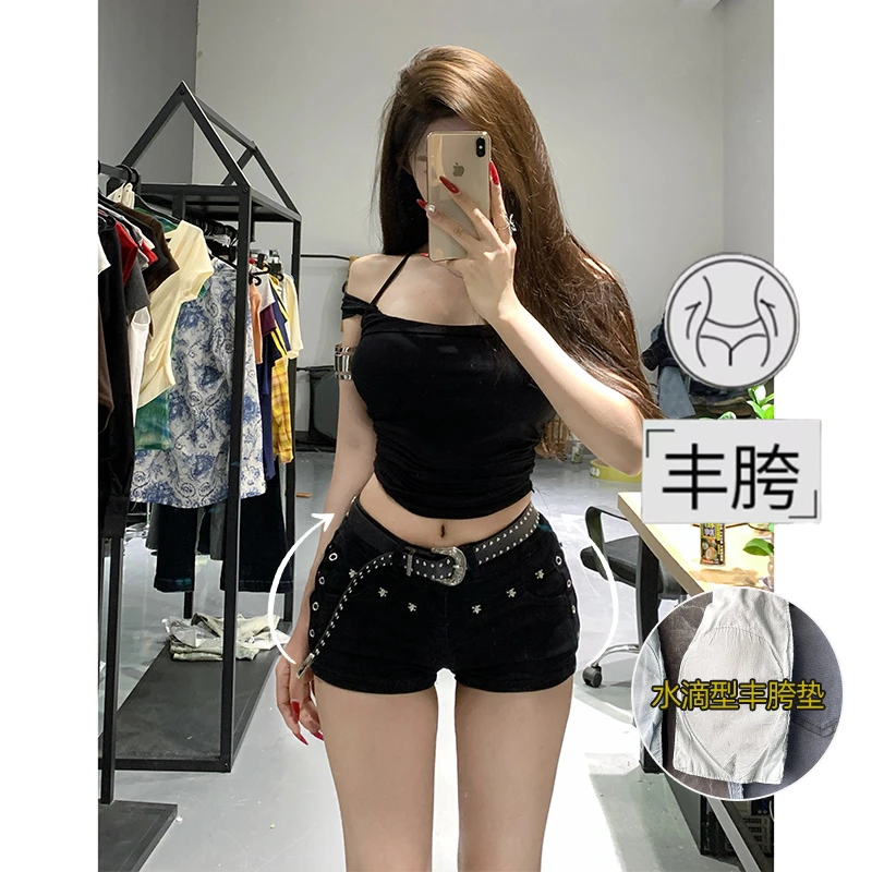 低腰铆钉丰胯提臀牛仔超短裤女2025夏季新款紧身弹力显瘦包臀热裤