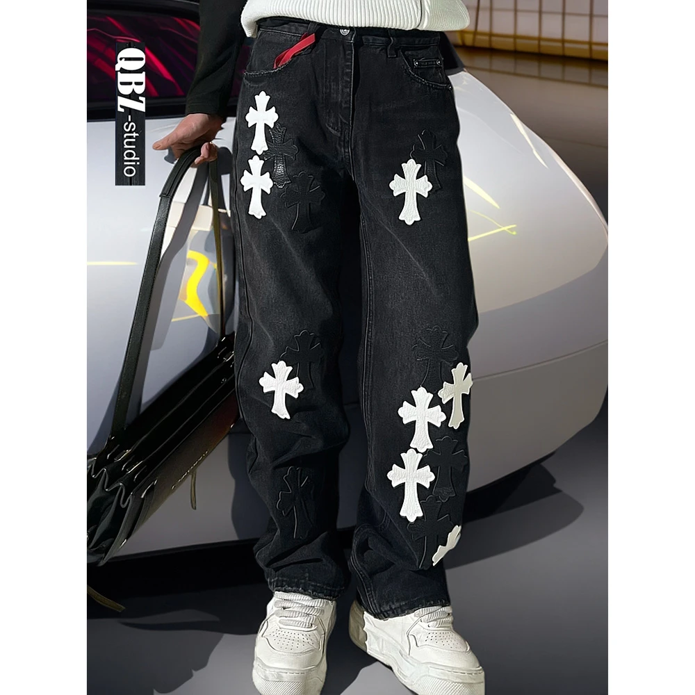 QB欧美高端潮牌刺绣显瘦直筒牛仔裤男女同款皮标美式高街潮流男款