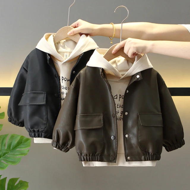 男孩秋季皮衣2025新款儿童春秋清凉美服男孩韩式运动衫两件套