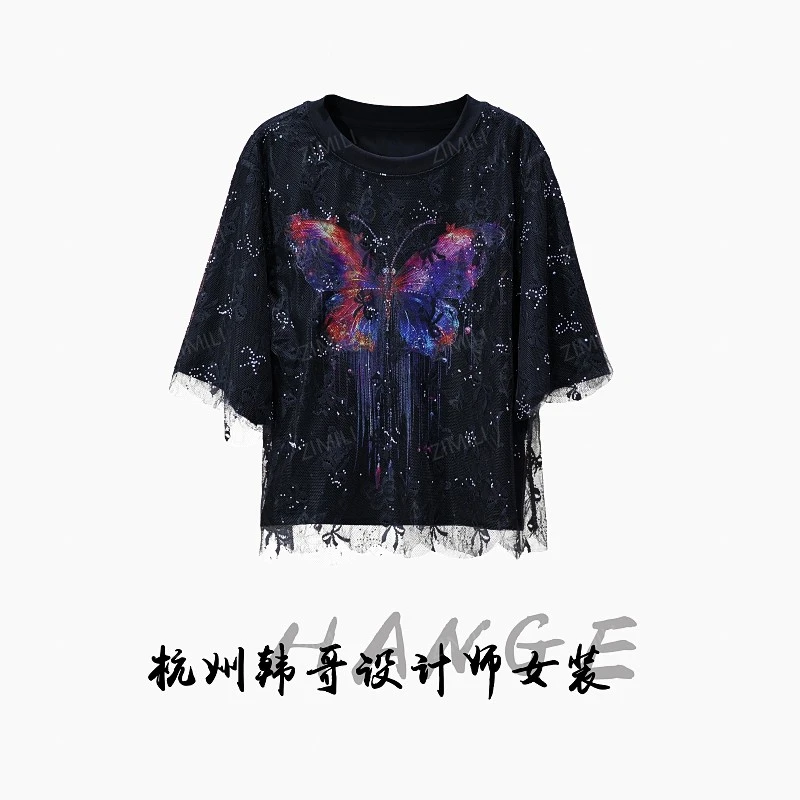 【韩哥女装】欧版设计小众蝴蝶印花蕾丝拼接时尚高克重短袖8035