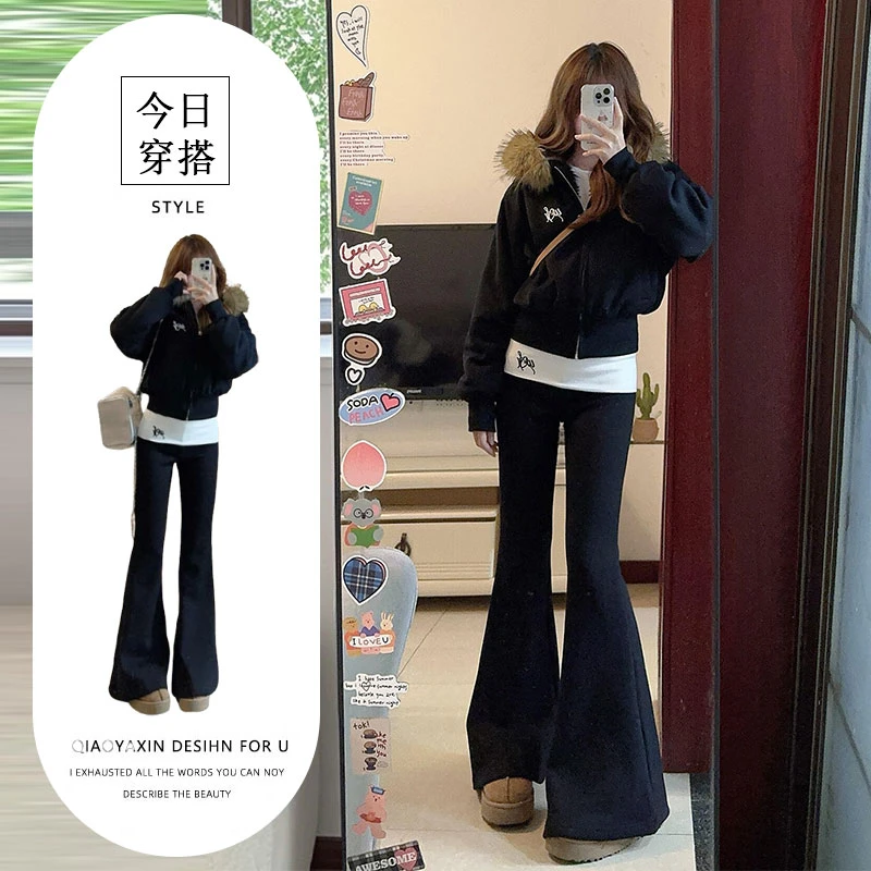 美式复古休闲套装女秋冬季新款毛领开衫卫衣外套高腰休闲裤两件套