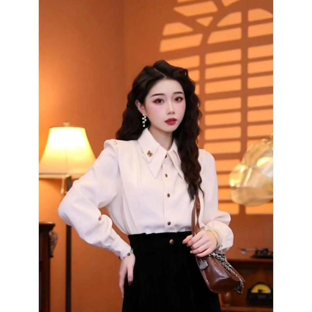 蒋肉肉【杏仁奶昔】2025港风设计感加厚衬衫上衣01197