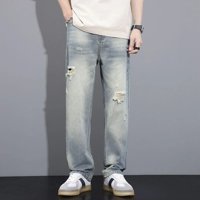 夏季美式薄款窄版高街港风复古怀旧个性破洞宽松阔腿长裤牛仔裤男