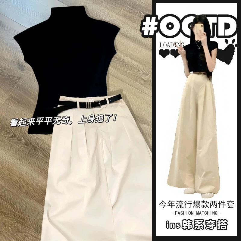 夏季爆款时尚别致穿搭黑色修身显瘦T恤上衣高腰阔腿拖地裤两件套