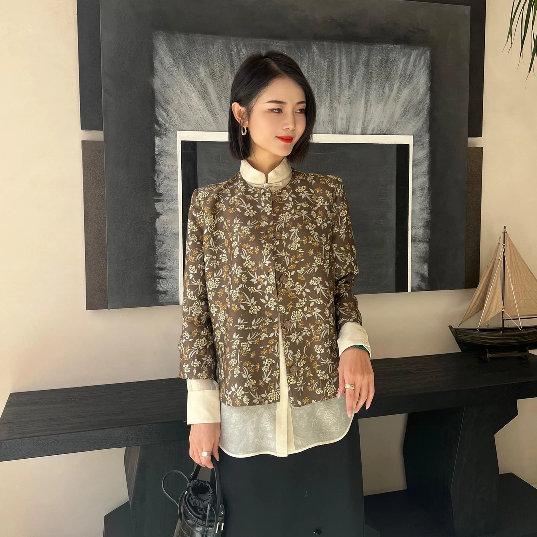 【黄心儿】32姆米重磅丝毛印花复古宽松圆领外套韶华如诗--kdn1998