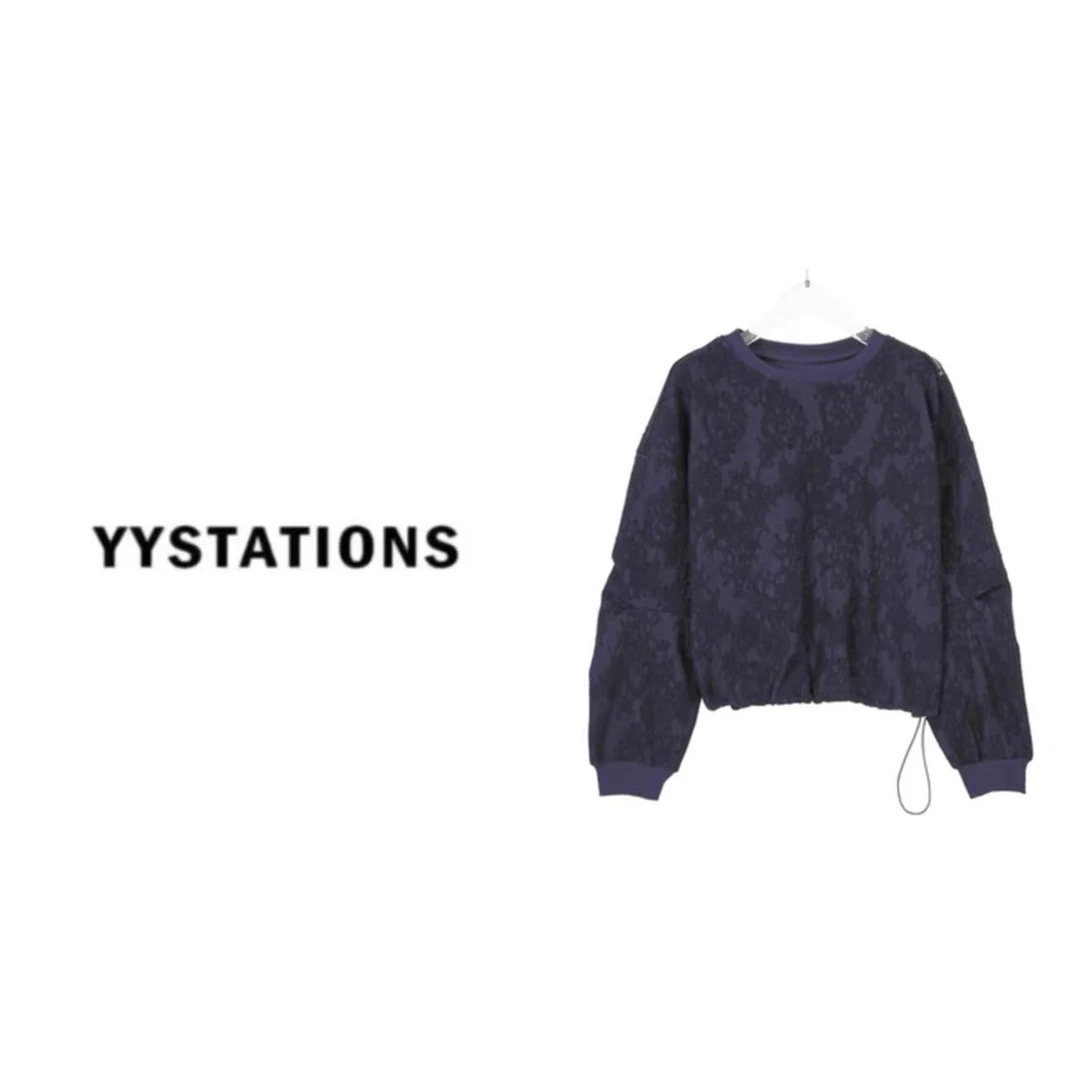 YYSTATIONS【蕾丝卫衣！】设计感圆领长袖下摆抽绳蕾丝拼接卫衣-551
