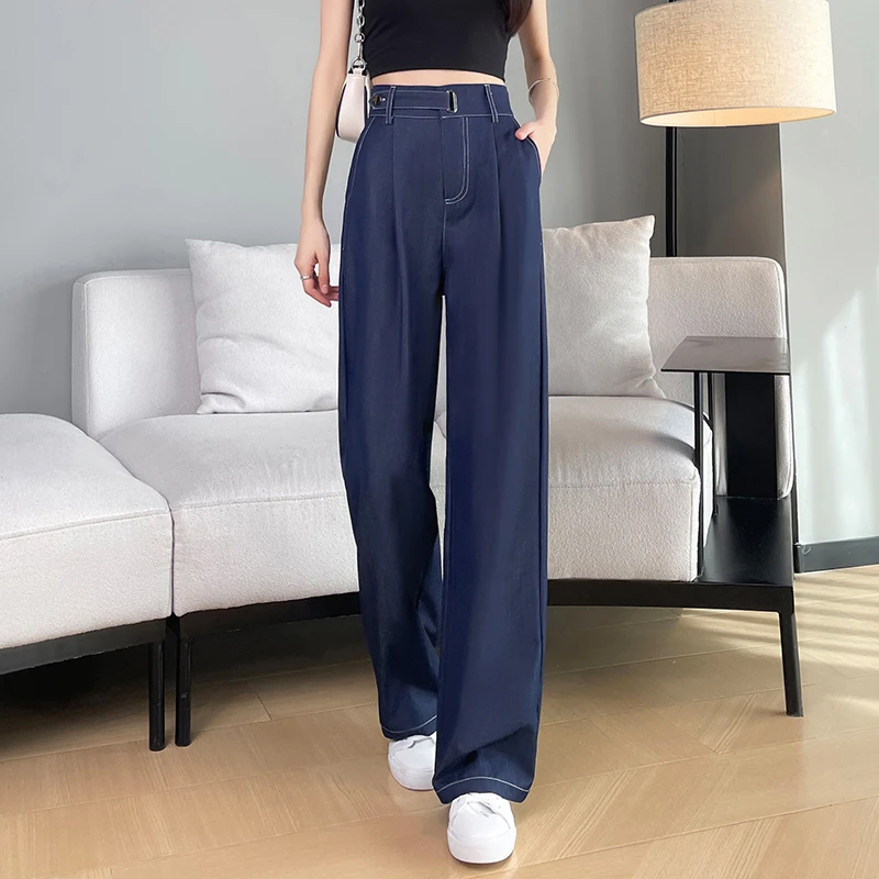 8505#高腰水洗阔腿裤微弹力凉感牛仔裤拖地裤长裤显瘦夏季宽松