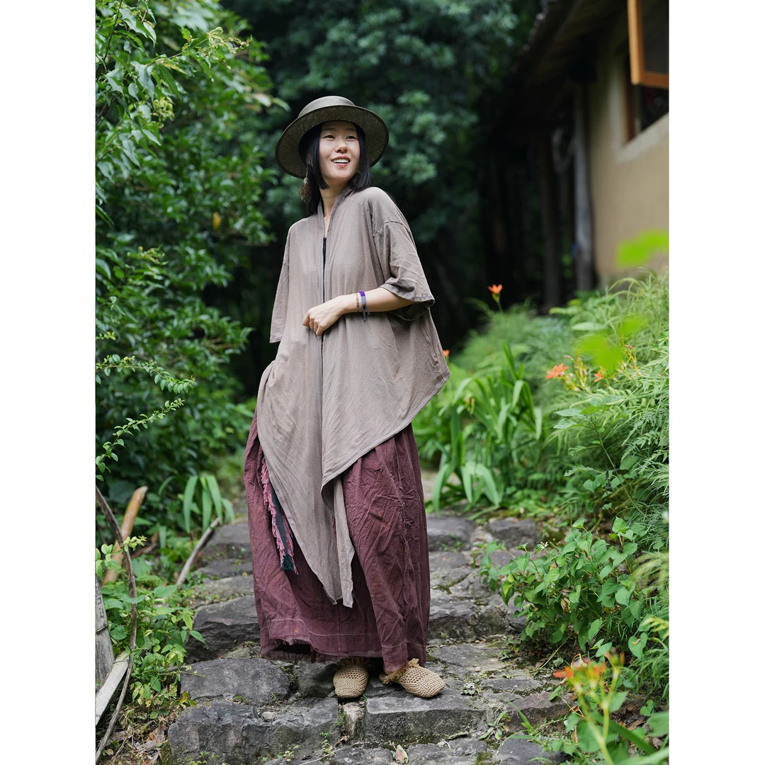 几见 原创设计夏季亚麻棉披肩衬衣开衫防晒衣前长绑带复古W52379