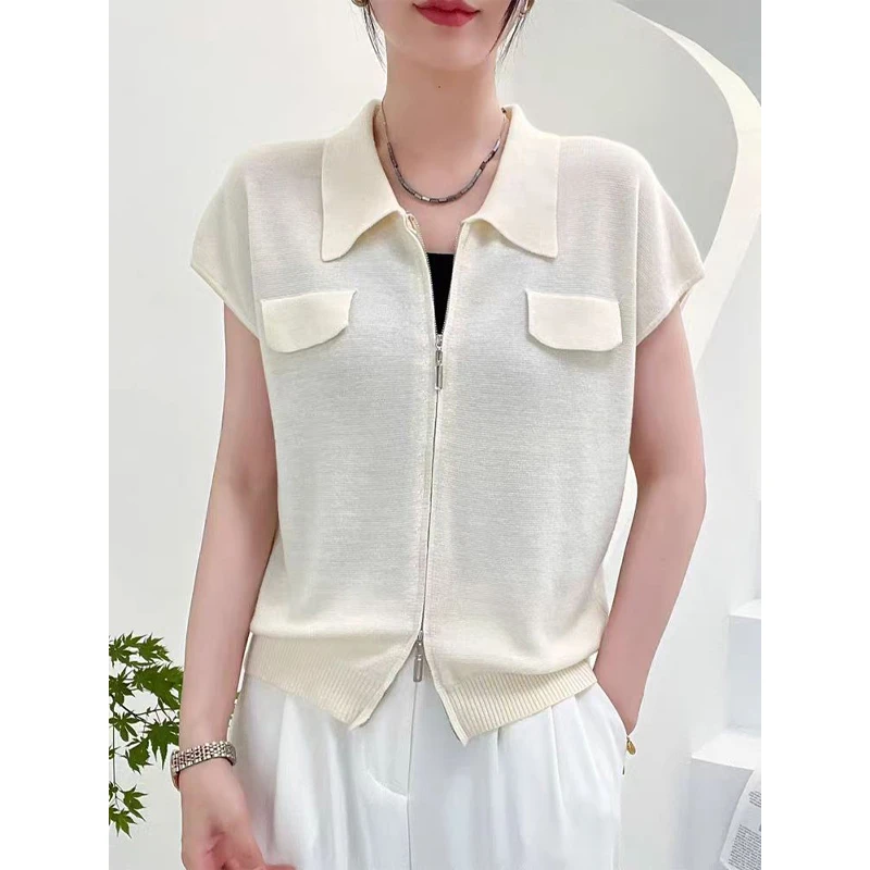 POLO领针织短袖开衫女2025夏季新款双拉链气质宽松显瘦T恤上衣潮