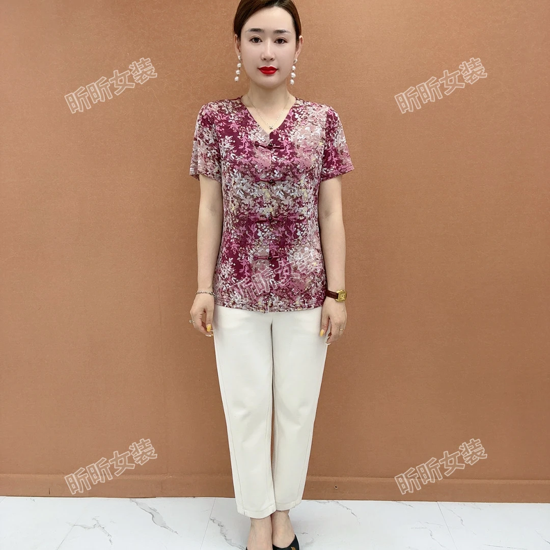 中老年女国风冰凉丝短袖新款盘扣衬衫印花夏季T恤宽松妈妈装上衣