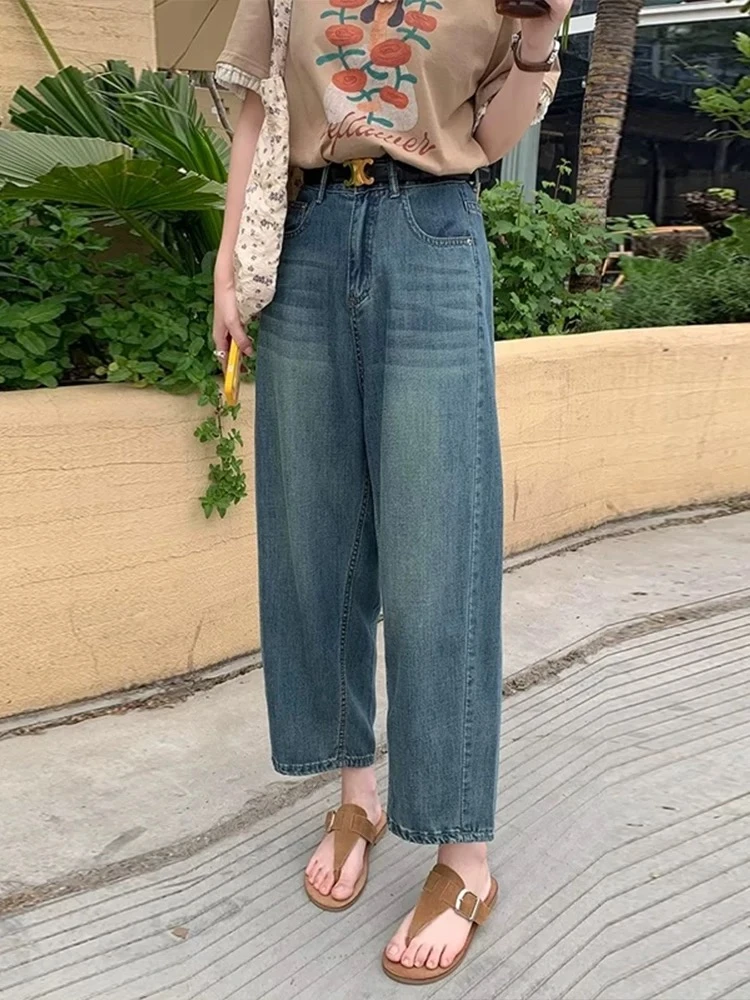 夏季薄款宽松高直筒裤大码胖mm梨形身材显瘦九分阔腿牛仔裤子