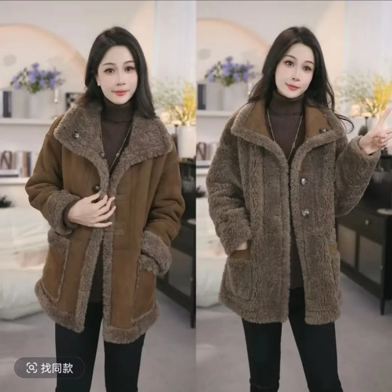 2025新款女士双面穿棉衣时尚宽松棉服妈妈装冬季保暖皮毛一体外套