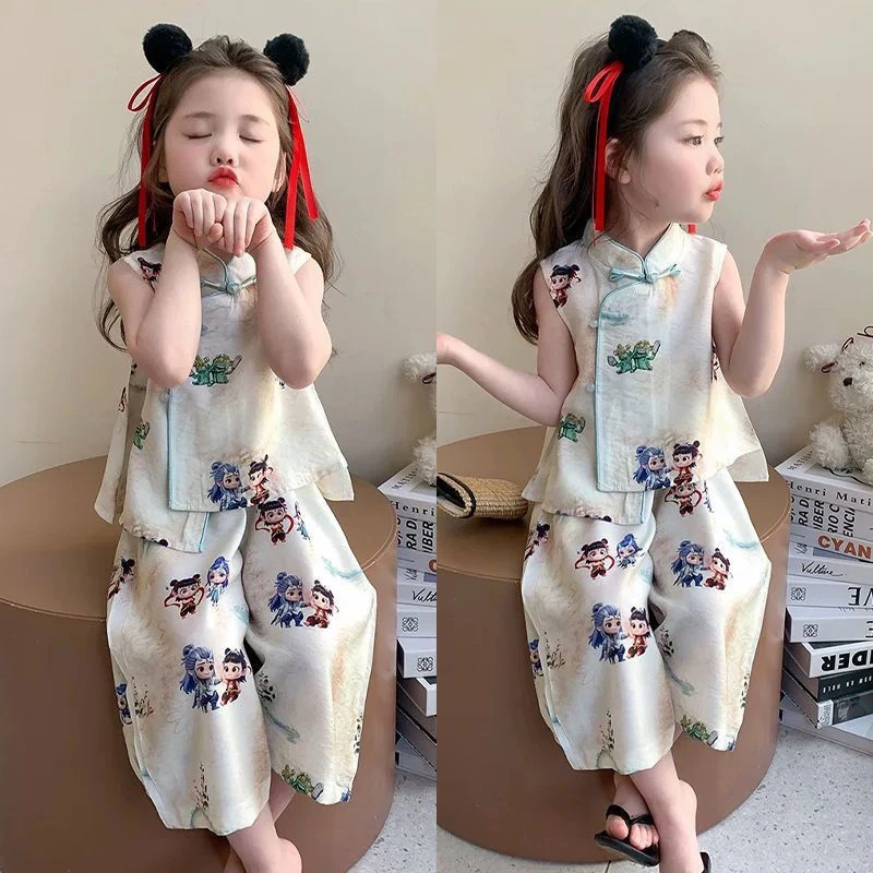 女童套装夏款薄款2025新款女童哪吒新中式阔腿裤两件套超萌