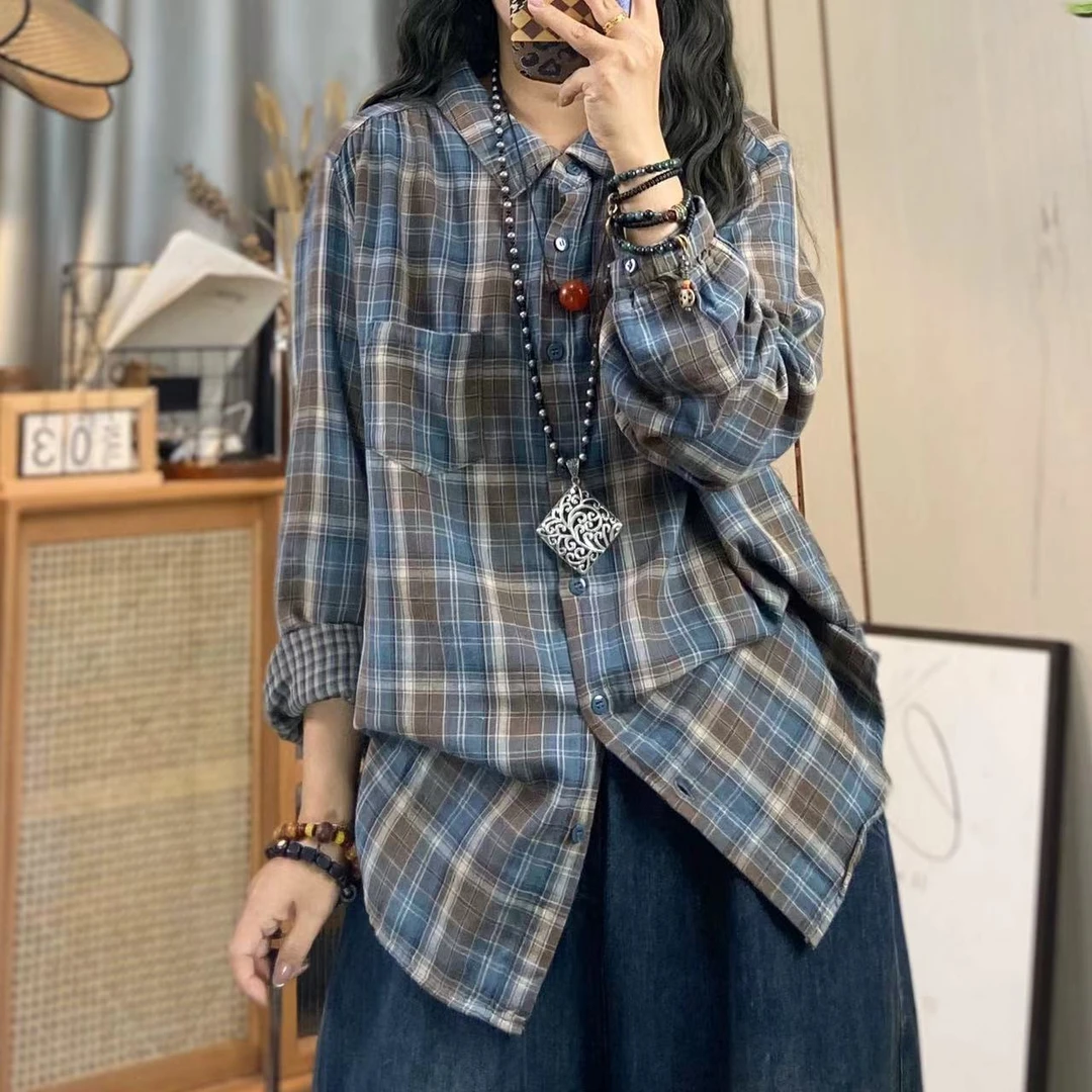 欣欣 上衣宽松型厚款常规款春秋衬衫长袖格纹翻领小众韩版设计感