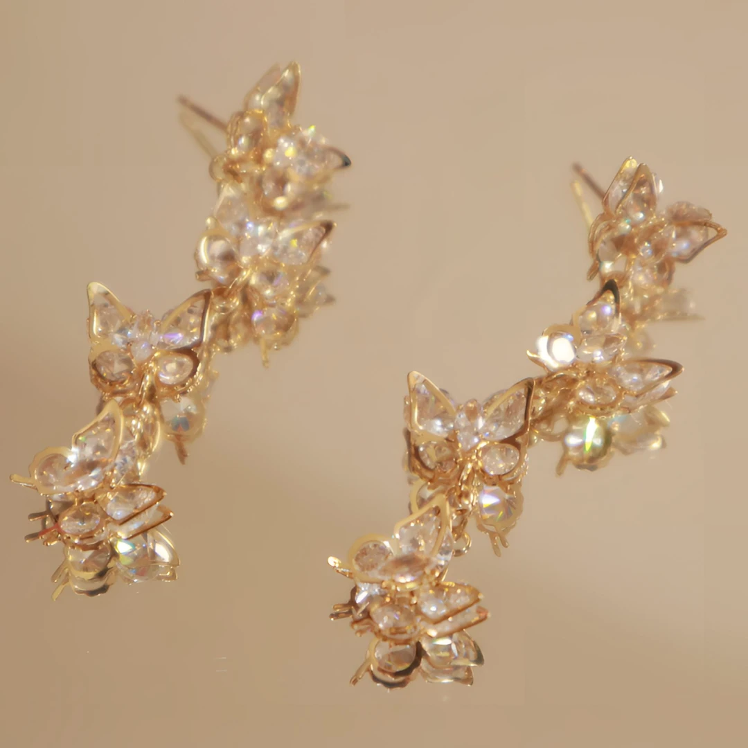 铜合金锆石耳饰 【奇粒】蝴蝶流苏小众设计感银针轻奢时尚耳饰气质