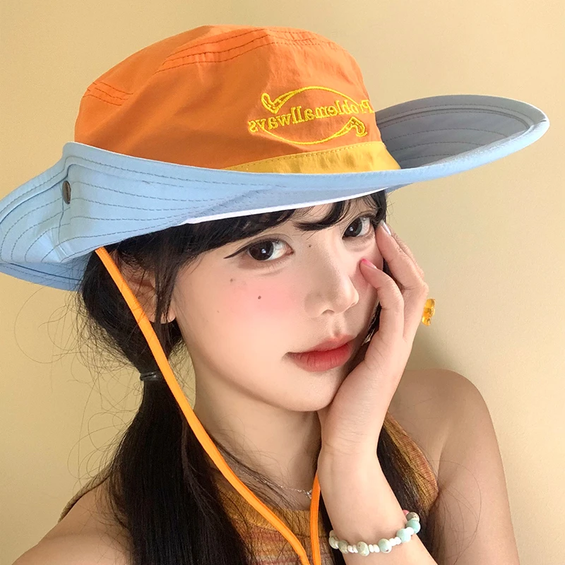 复古工装拼色字母渔夫帽女夏季2025新款户外徒步遮阳防晒登山帽子