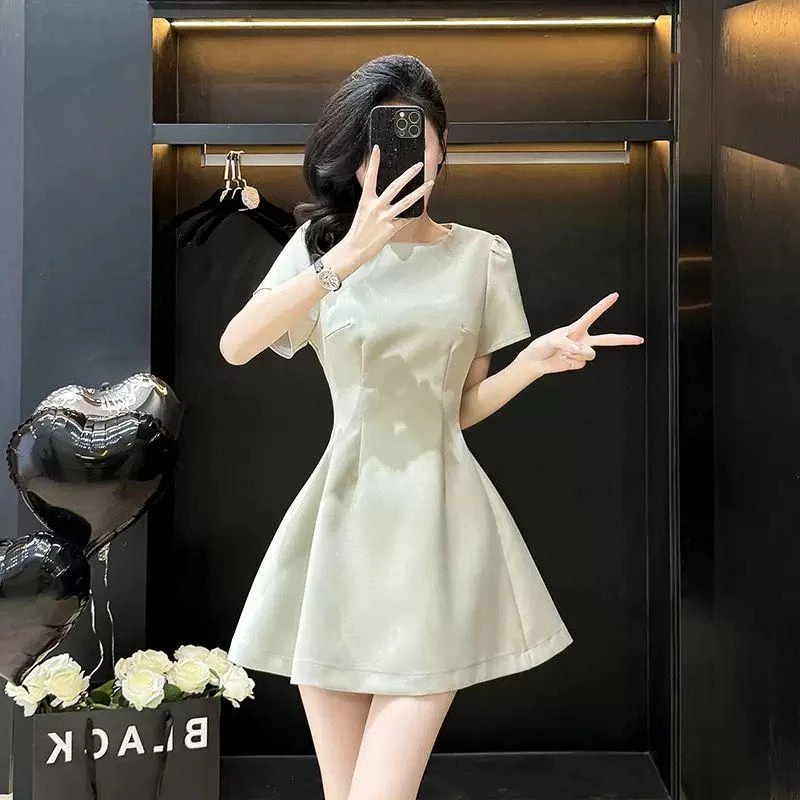 连衣裙短袖圆领法式小众夏季短裙F2045（微瑕，介意勿拍，不退不换）