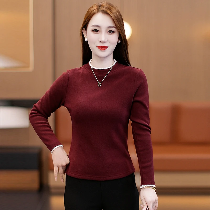 冬款蕾丝边圆领加绒打底衫内穿外搭高弹修身显瘦时尚百搭女士长袖