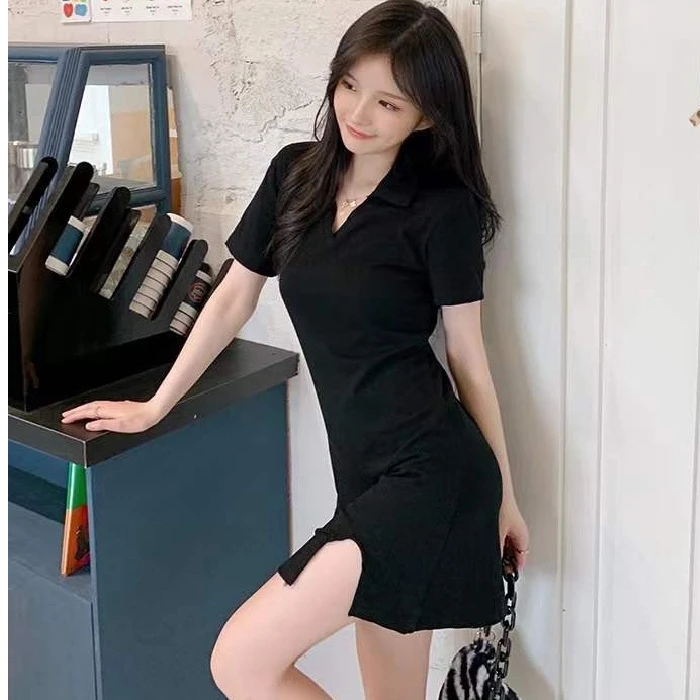 POLO领连衣裙女装2024夏季新款甜辣妹纯欲修身开叉包臀裙紧身显瘦