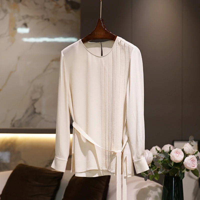 【鬼绉真丝】杏色桑蚕丝系带衬衫2024秋季新款百搭圆领九分袖上衣女