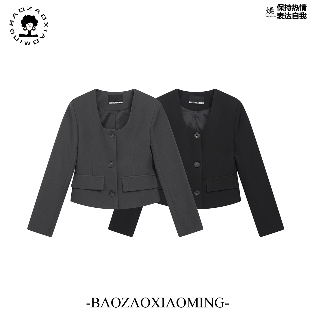 暴躁小明  立体裁剪方领正肩小香风外套女黑色宽松法式上衣/C007
